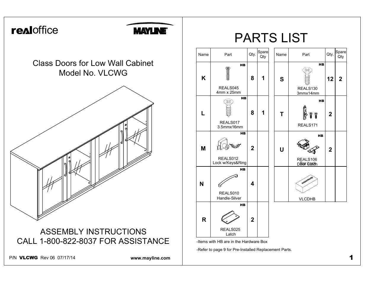 Mayline VLCWG Class Doors for Low Wall Cabinet User Manual | 6 pages