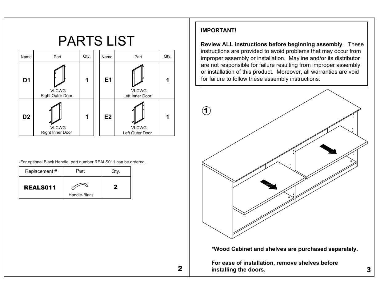 Parts list | Mayline VLCWG Class Doors for Low Wall Cabinet User Manual | Page 2 / 6