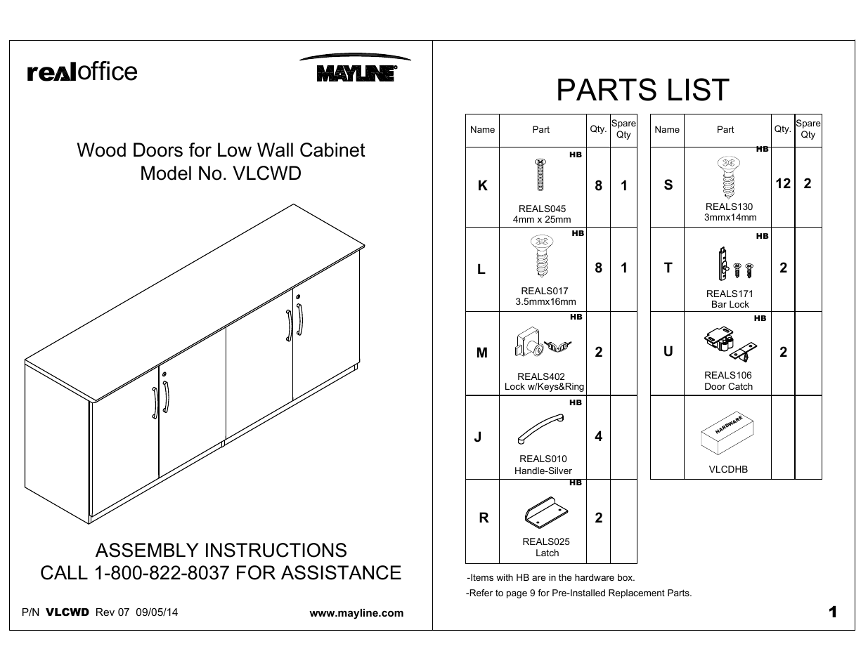 Mayline VLCWD Wood Doors for Low Wall Cabinet User Manual | 6 pages