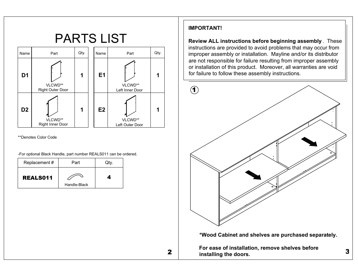 Parts list | Mayline VLCWD Wood Doors for Low Wall Cabinet User Manual | Page 2 / 6