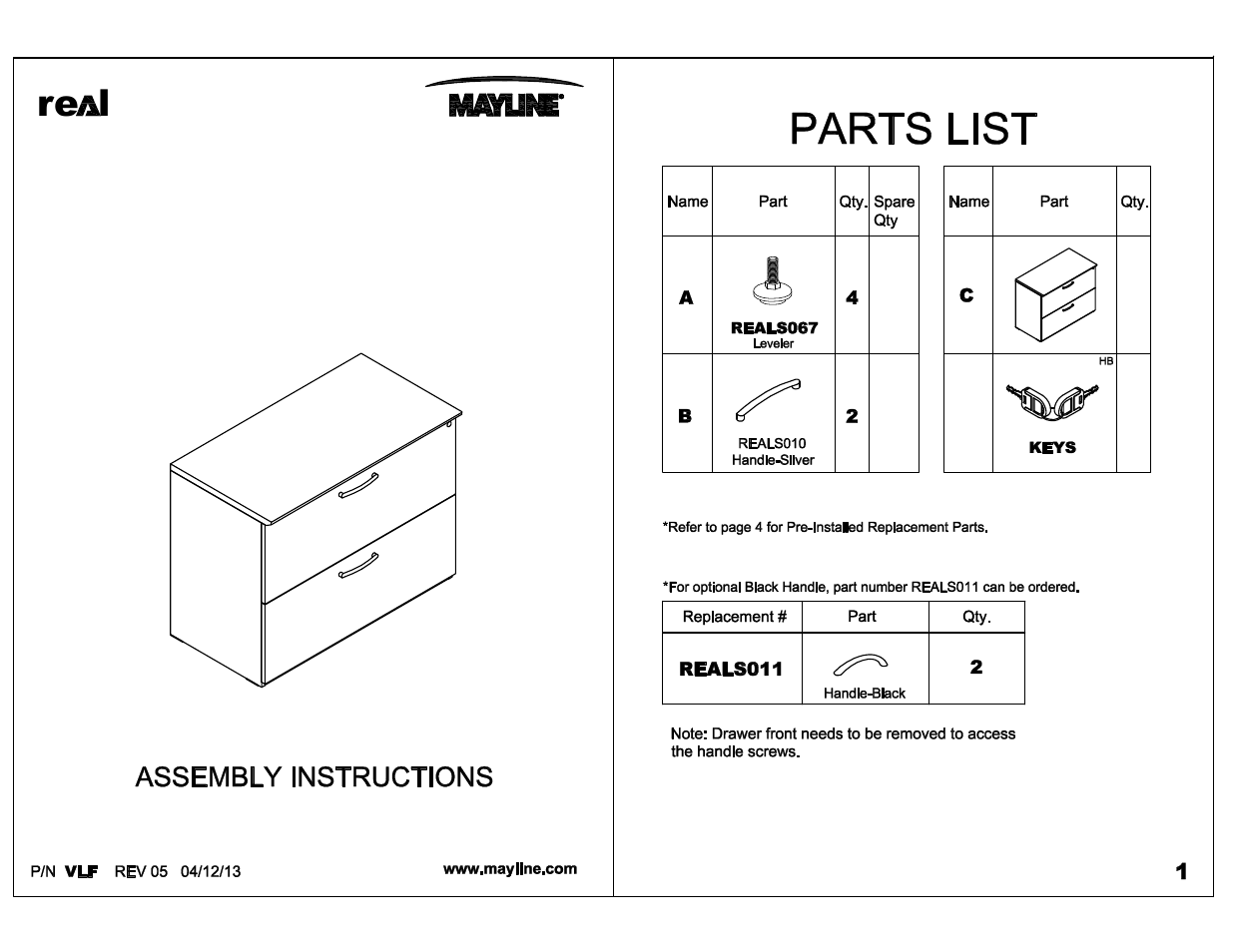 Mayline VLF 36" Free Standing 4 Drawer Lateral Filing Cabinet User Manual | 3 pages