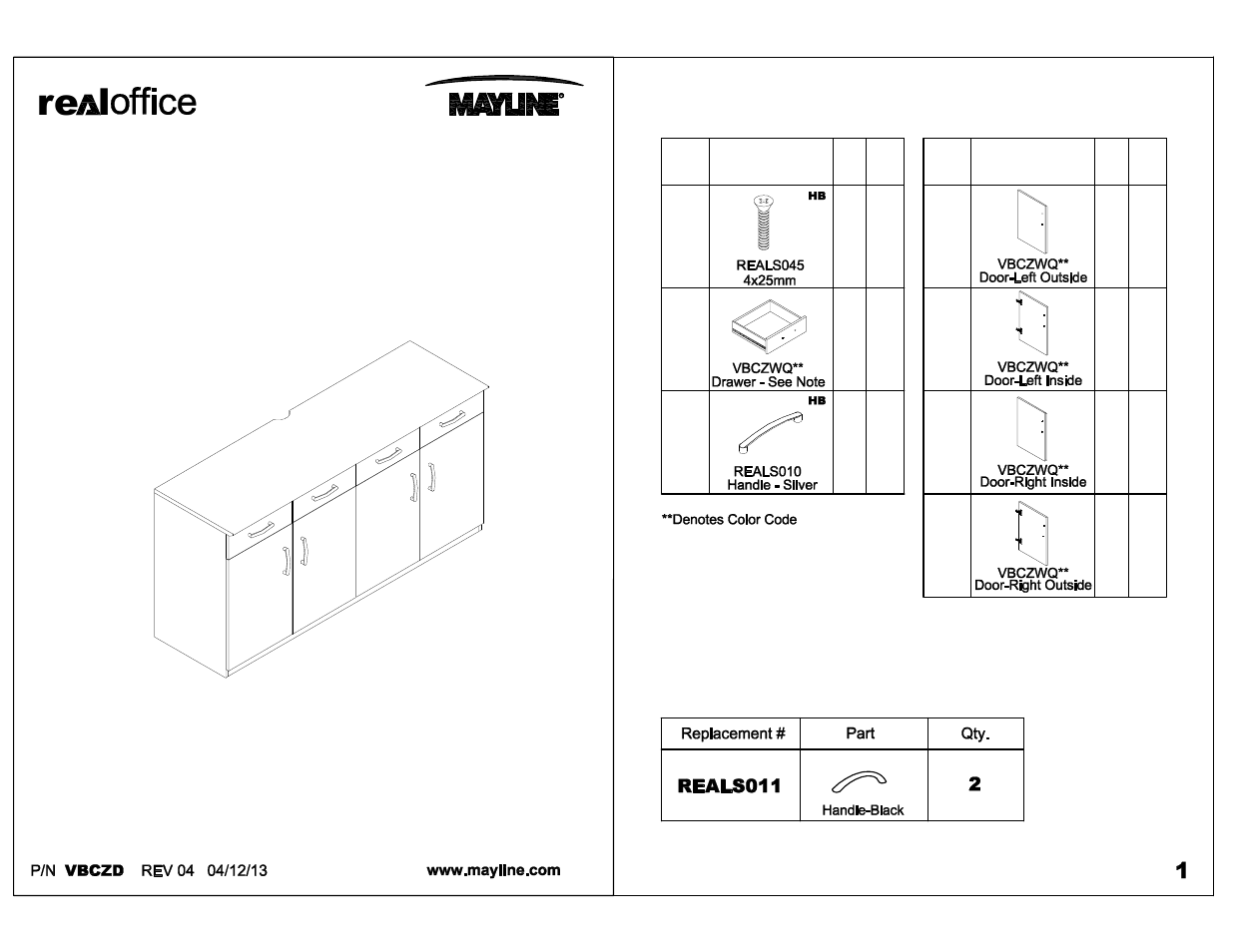 Mayline VBCZD Doors & Drawers for 72" Buffet Cabinet User Manual | 3 pages