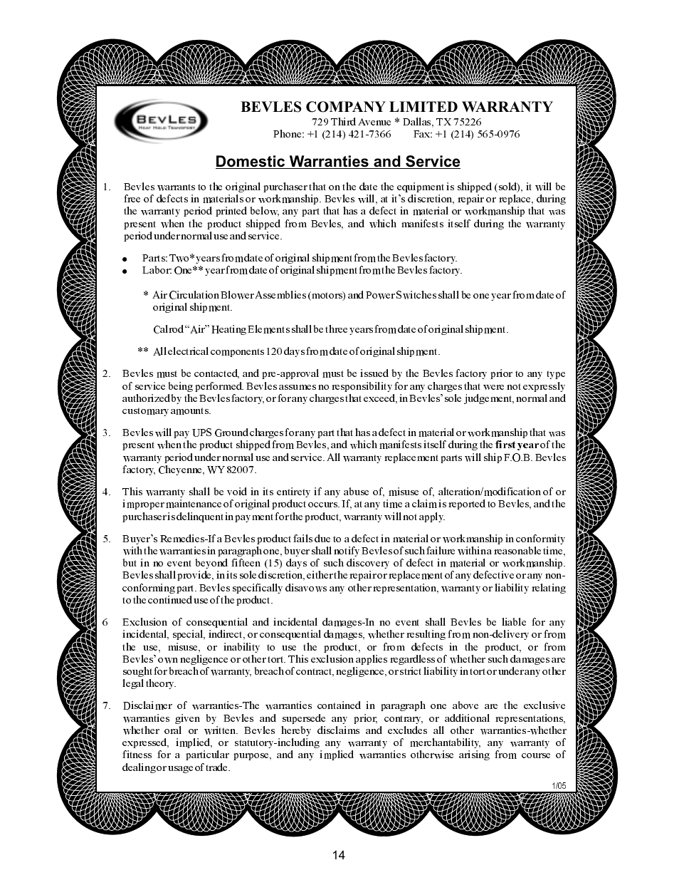 Bevles company limited warranty, Domestic warranties and service | Bakers Pride Classic-Line Proofer Heater CPH70-MP17 User Manual | Page 14 / 16