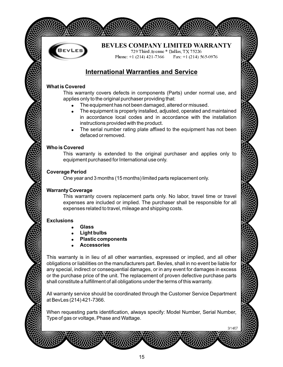 Bevles company limited warranty, International warranties and service | Bakers Pride Classic-Line Proofer Heater CPH70-MP17 User Manual | Page 15 / 16