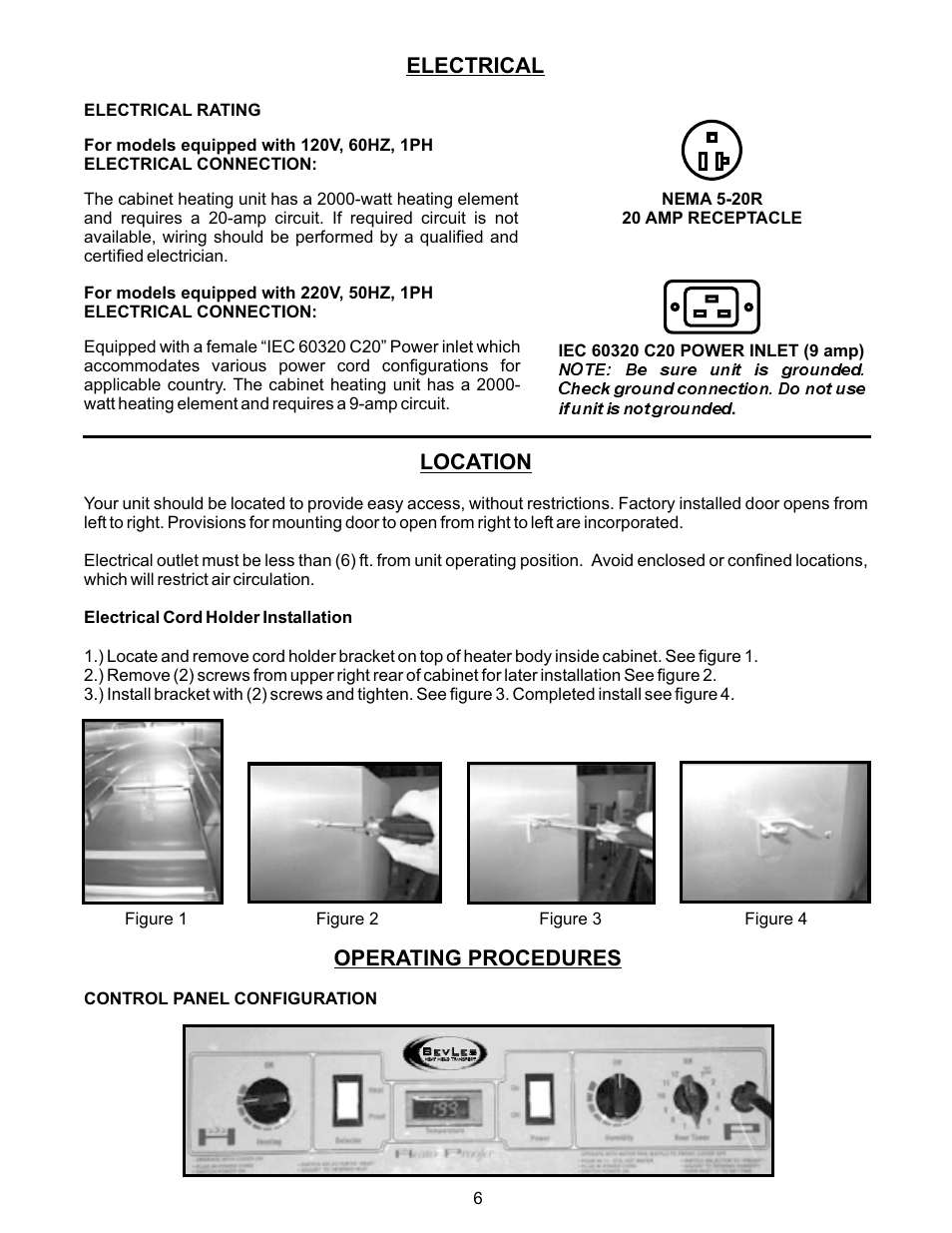 Location, Operating procedures, Electrical | Bakers Pride Classic-Line Proofer Heater CPH70-MP17 User Manual | Page 6 / 16