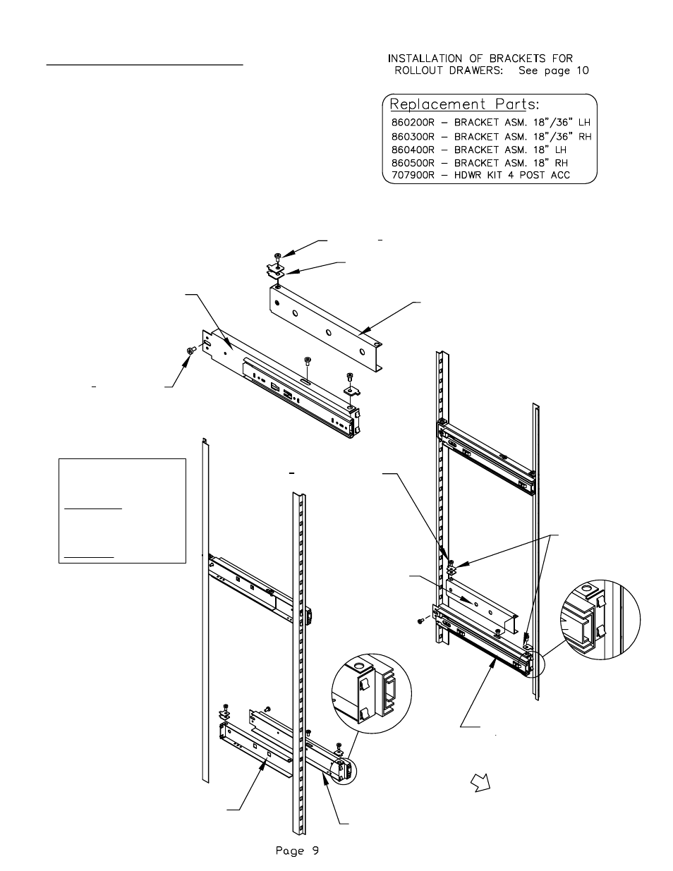 18" bracket / slide installation | Mayline Four Post Shelving User Manual | Page 9 / 16