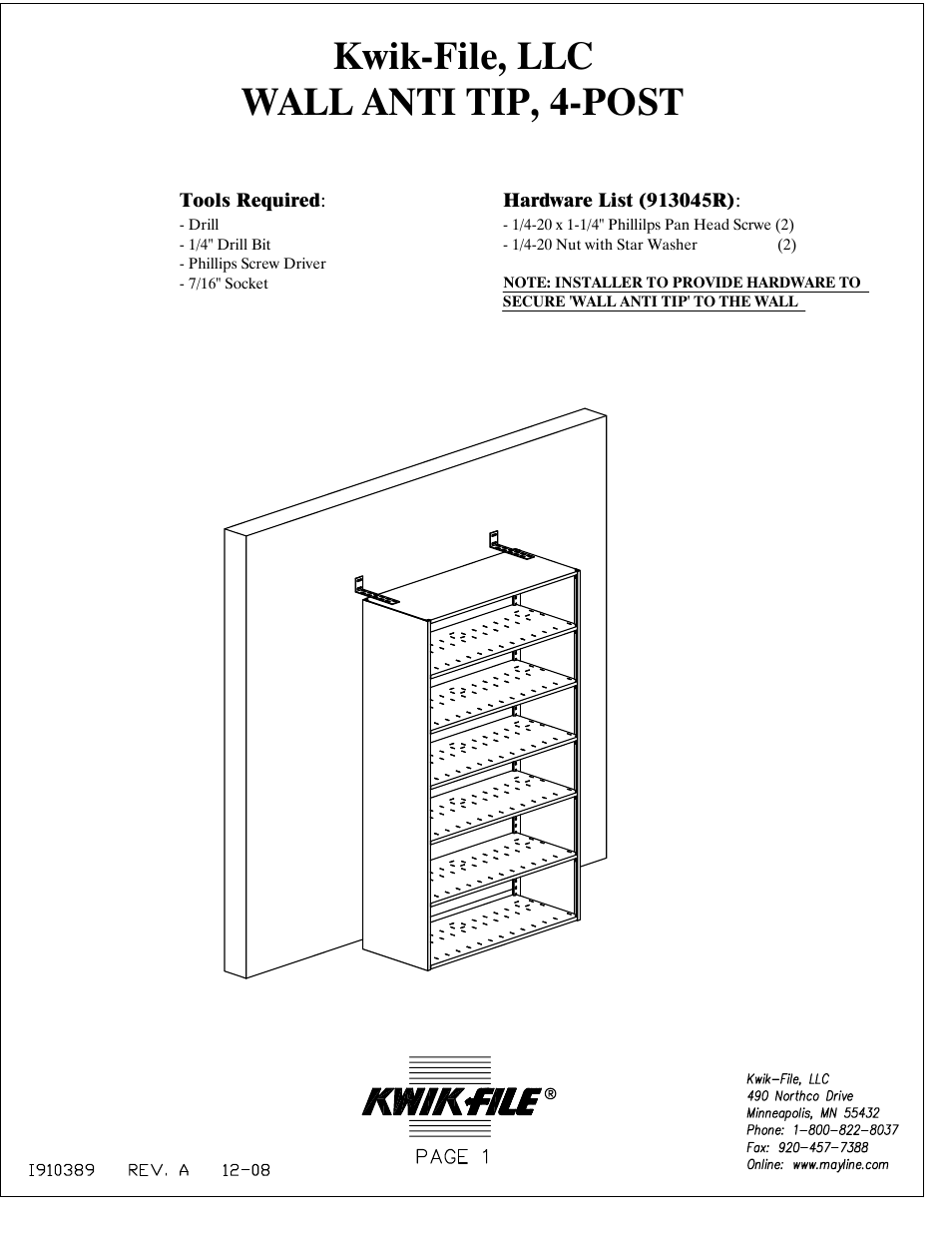 Mayline Four Post Wall Anti Tip User Manual | 3 pages