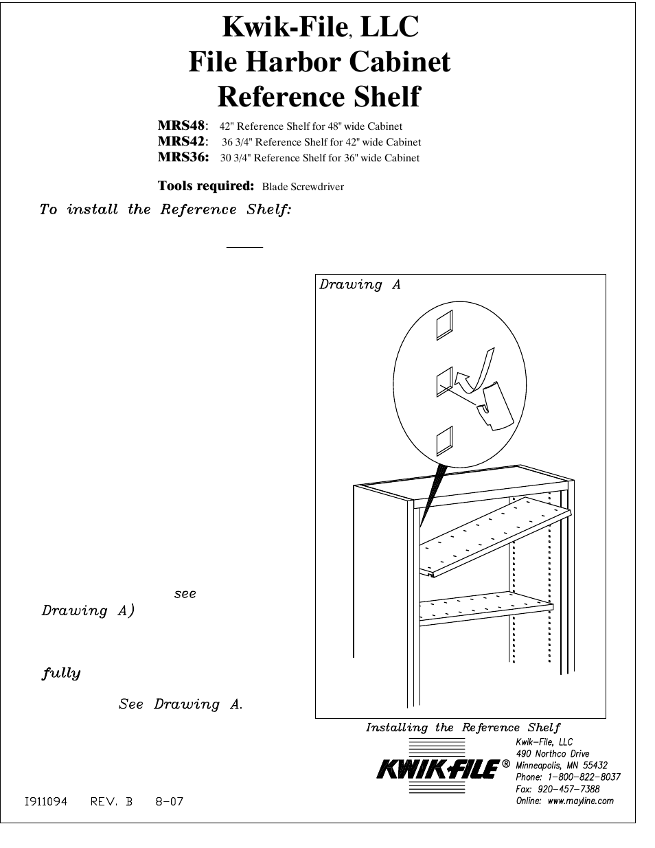 Mayline File Harbor Cabinet Reference Shelf User Manual | 2 pages