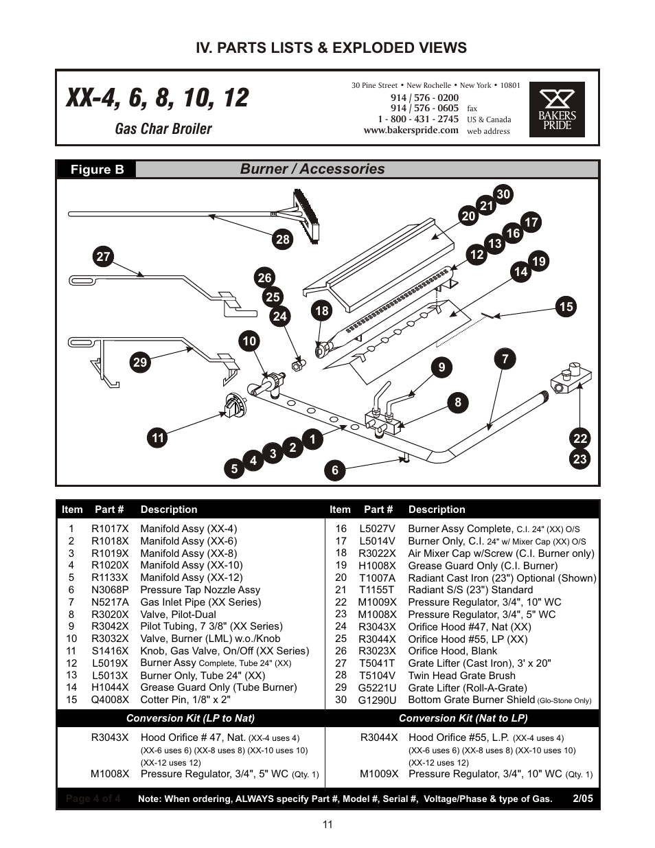 Gas char broiler, Burner / accessories, Iv. parts lists & exploded views | Bakers Pride Dante Series XX & CH User Manual | Page 11 / 16