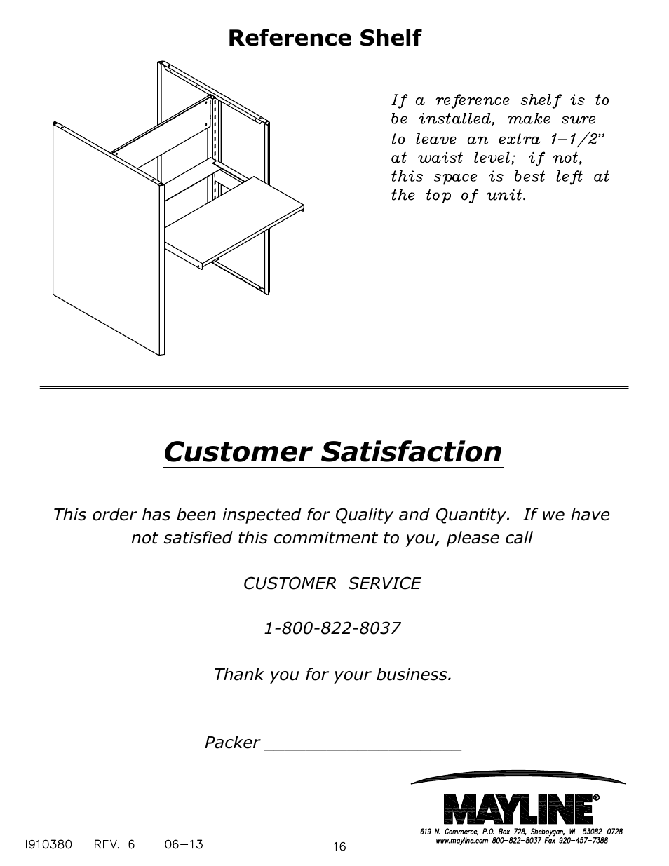 Customer satisfaction, Reference shelf | Mayline ARC Rotary Files User Manual | Page 16 / 16