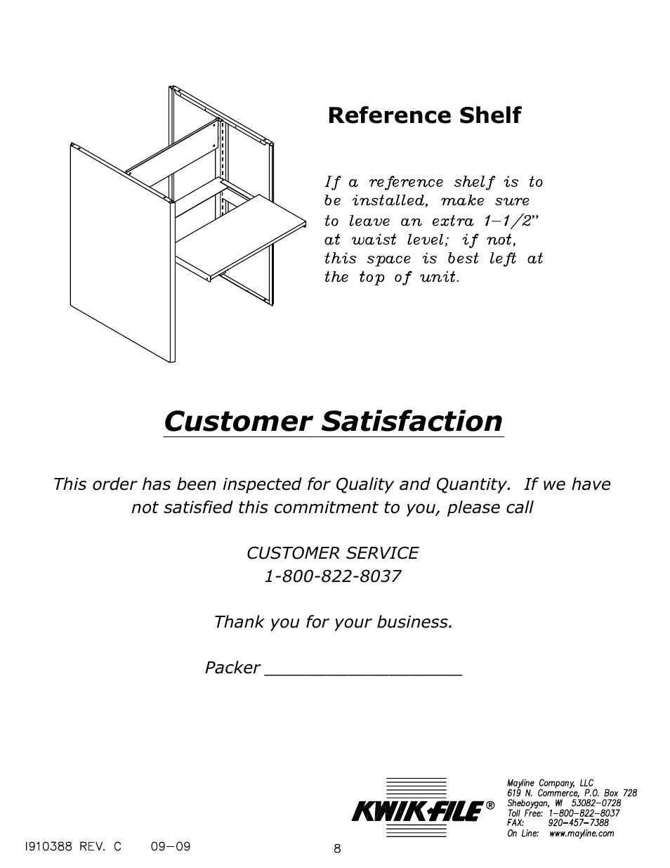 Customer satisfaction, Reference shelf | Mayline ARC-in-the-Box User Manual | Page 8 / 8