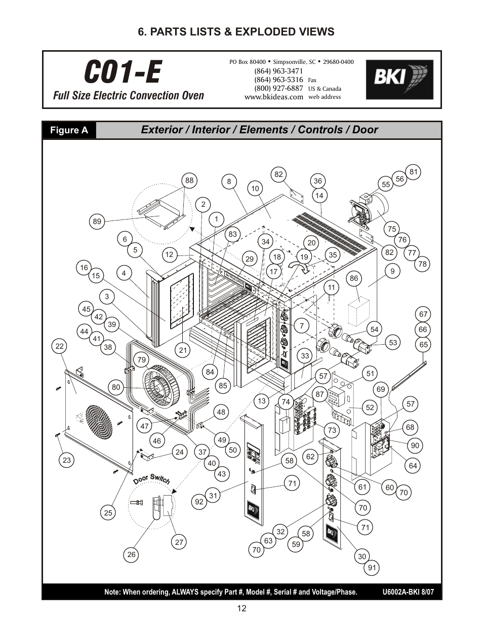 Co1-e, Full size electric convection oven, Exterior / interior / elements / controls / door | Parts lists & exploded views, Figure a | BKI CO1-E User Manual | Page 12 / 20