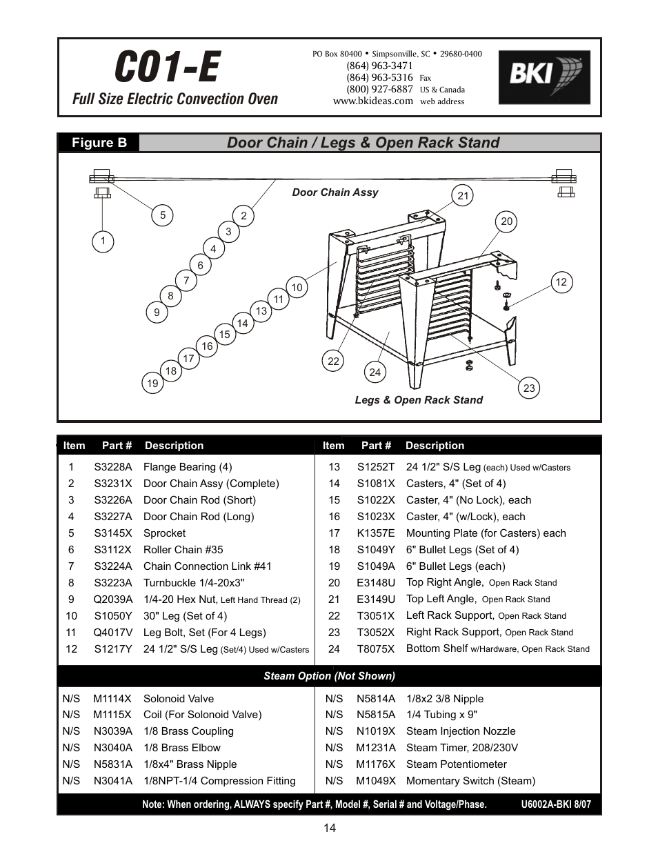Co1-e, Door chain / legs & open rack stand, Full size electric convection oven | BKI CO1-E User Manual | Page 14 / 20