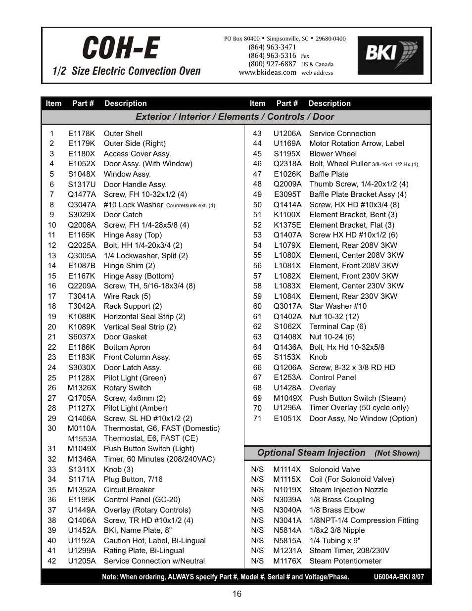 Coh-e, 1/2 size electric convection oven | BKI CO1-E User Manual | Page 16 / 20