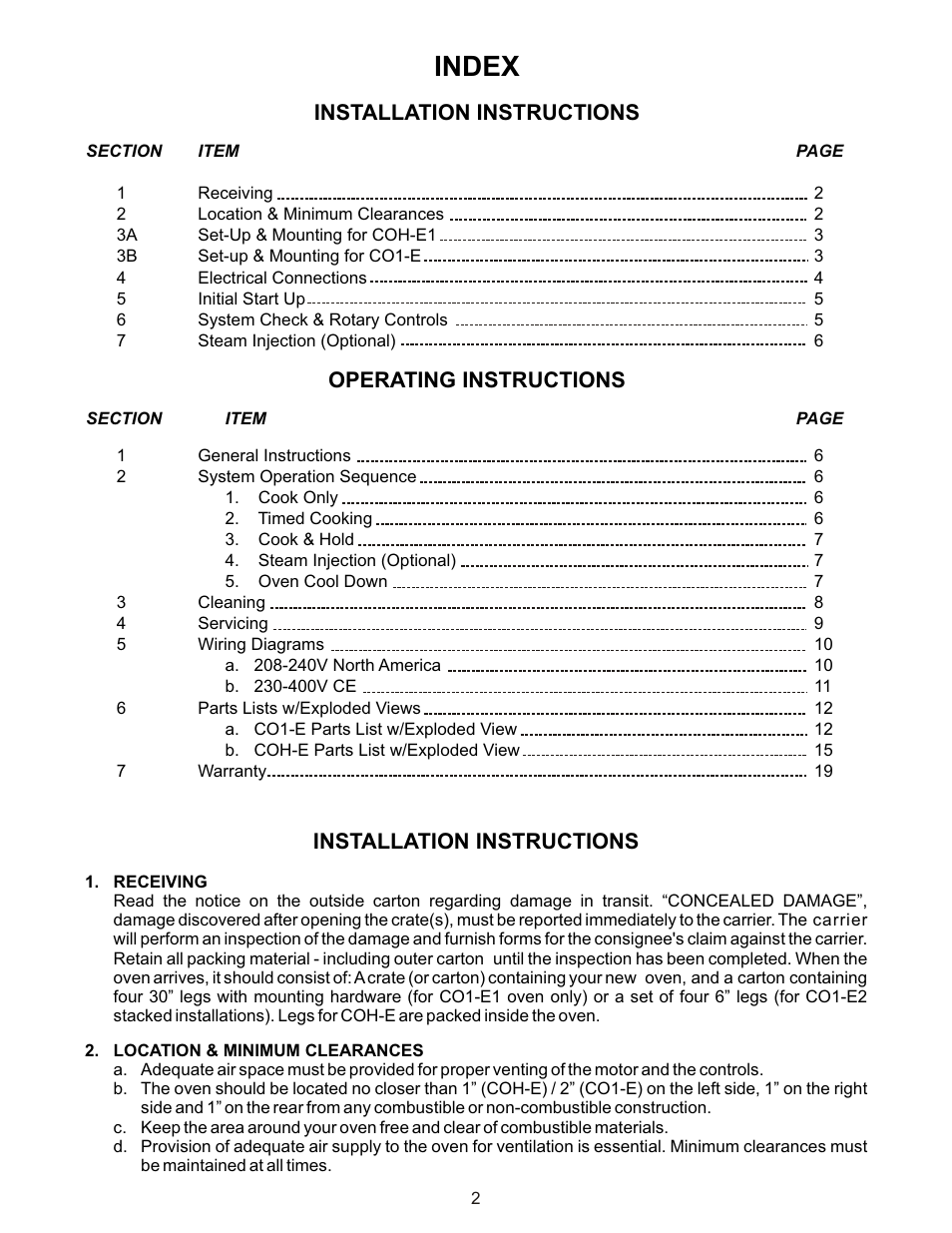 Index, Installation instructions, Operating instructions | BKI CO1-E User Manual | Page 2 / 20