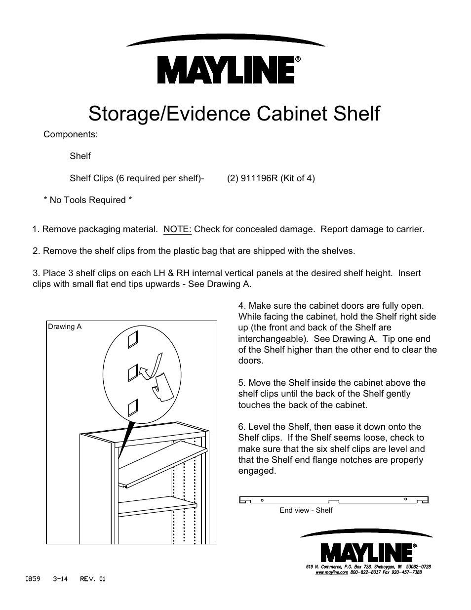 Mayline Storage/Evidence Cabinet Shelf User Manual | 1 page