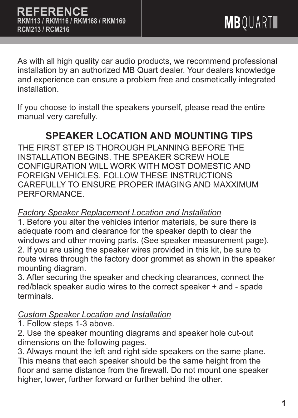 Reference, Speaker location and mounting tips | MB QUART Reference RCM216 User Manual | Page 2 / 10