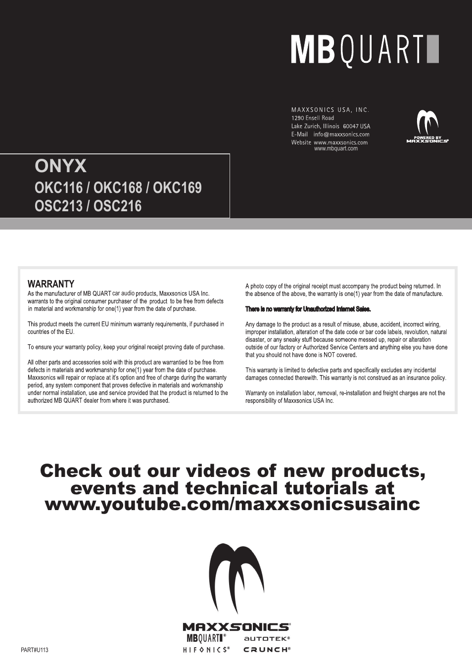 Mbq okc speaker manual back cover, Onyx | MB QUART Onyx OSC216 User Manual | Page 10 / 10