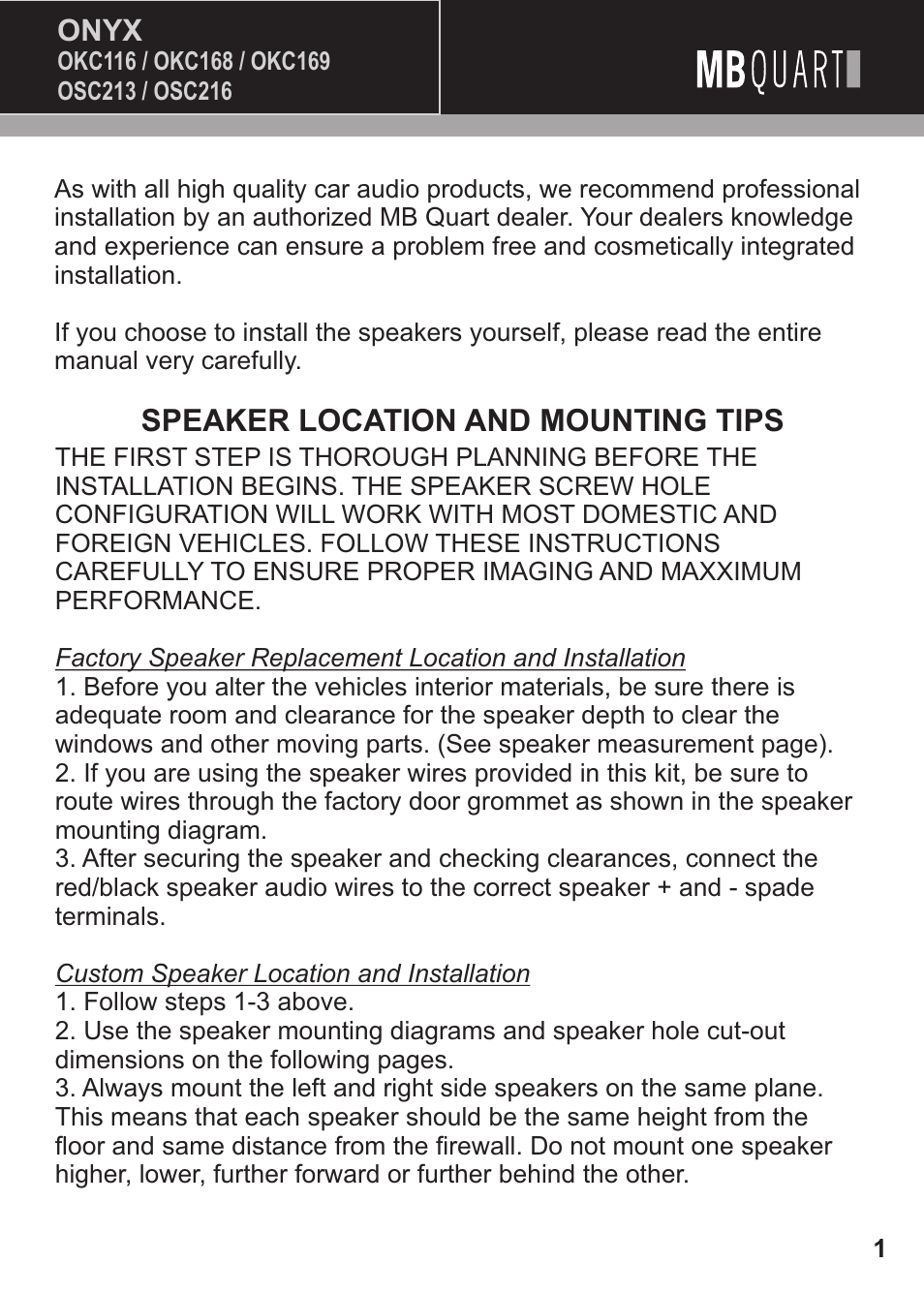 Speaker location and mounting tips, Onyx | MB QUART Onyx OSC216 User Manual | Page 2 / 10