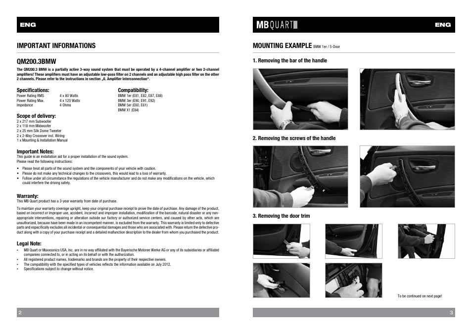 Important informations, Mounting example, Qm200.3bmw | MB QUART QM200.3 BMW User Manual | Page 2 / 13