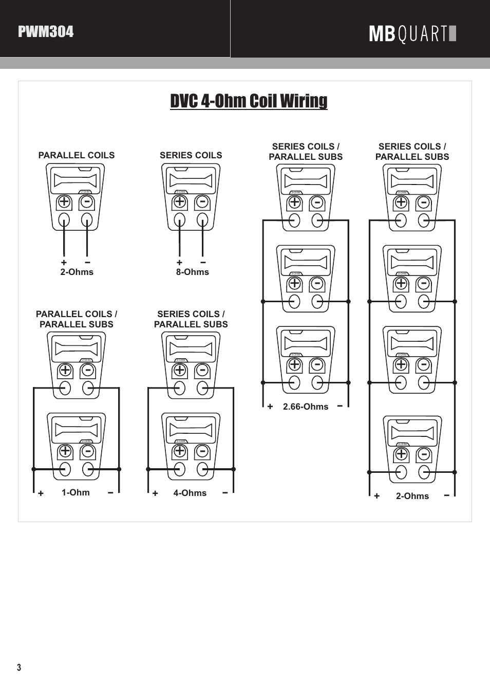 Mbq pwm subwoofer manual pg3, Dvc 4-ohm coil wiring, Pwm304 | MB QUART PREMIUM PWM304 User Manual | Page 4 / 8