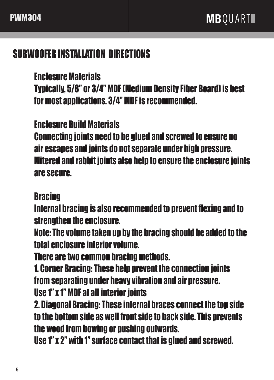 Mbq pwm subwoofer manual pg5, Subwoofer installation directions | MB QUART PREMIUM PWM304 User Manual | Page 6 / 8
