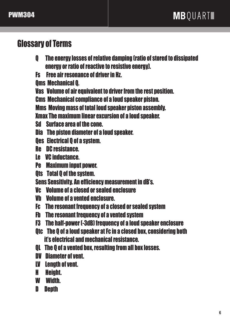 Mbq pwm subwoofer manual pg6, Glossary of terms | MB QUART PREMIUM PWM304 User Manual | Page 7 / 8