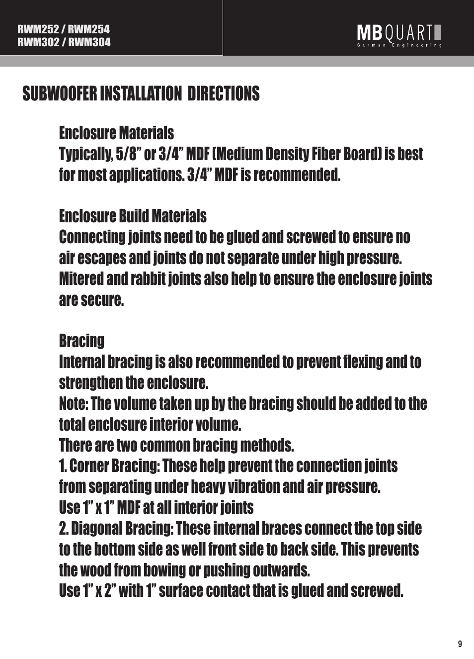 Mbq reference rwm subwoofer manual pg9, Subwoofer installation directions | MB QUART RWM304 User Manual | Page 10 / 12