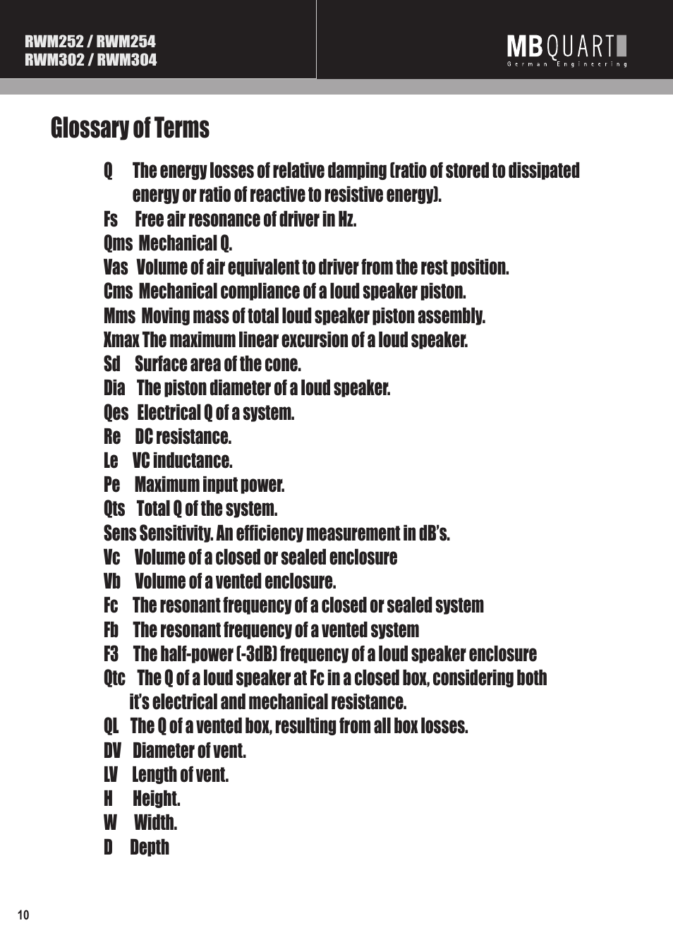 Mbq reference rwm subwoofer manual pg10, Glossary of terms | MB QUART RWM304 User Manual | Page 11 / 12