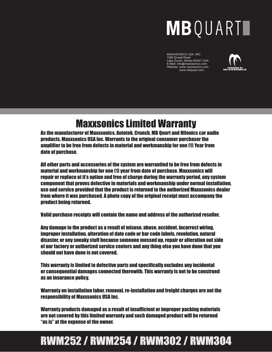 Mbq reference rwm subwoofer manual back cover, Maxxsonics limited warranty | MB QUART RWM304 User Manual | Page 12 / 12