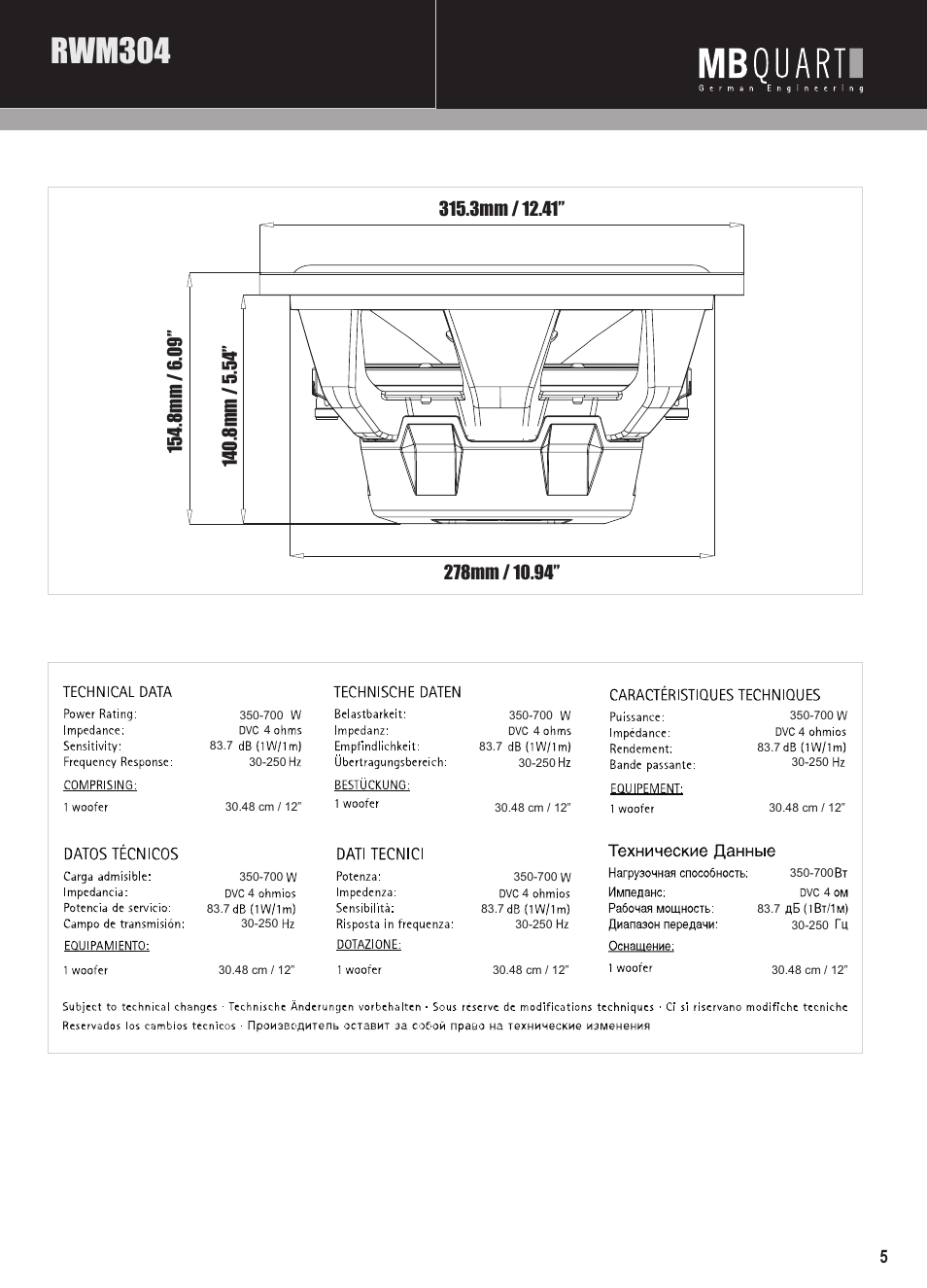Mbq reference rwm subwoofer manual pg5, Rwm304 | MB QUART RWM304 User Manual | Page 6 / 12