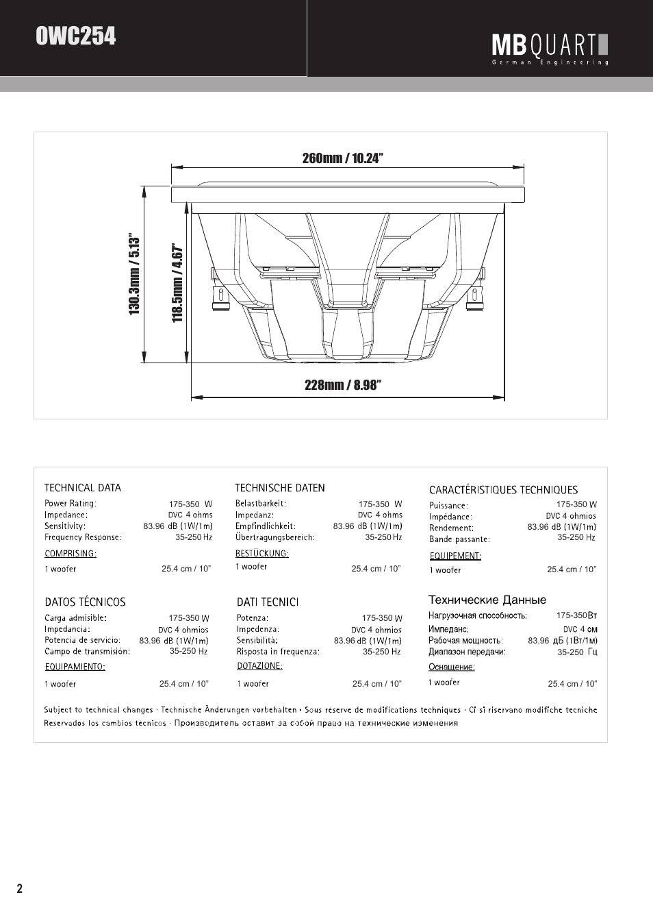 Mbq onyx owc subwoofer manual pg2, Owc254 | MB QUART ONYX OWC304 User Manual | Page 3 / 9
