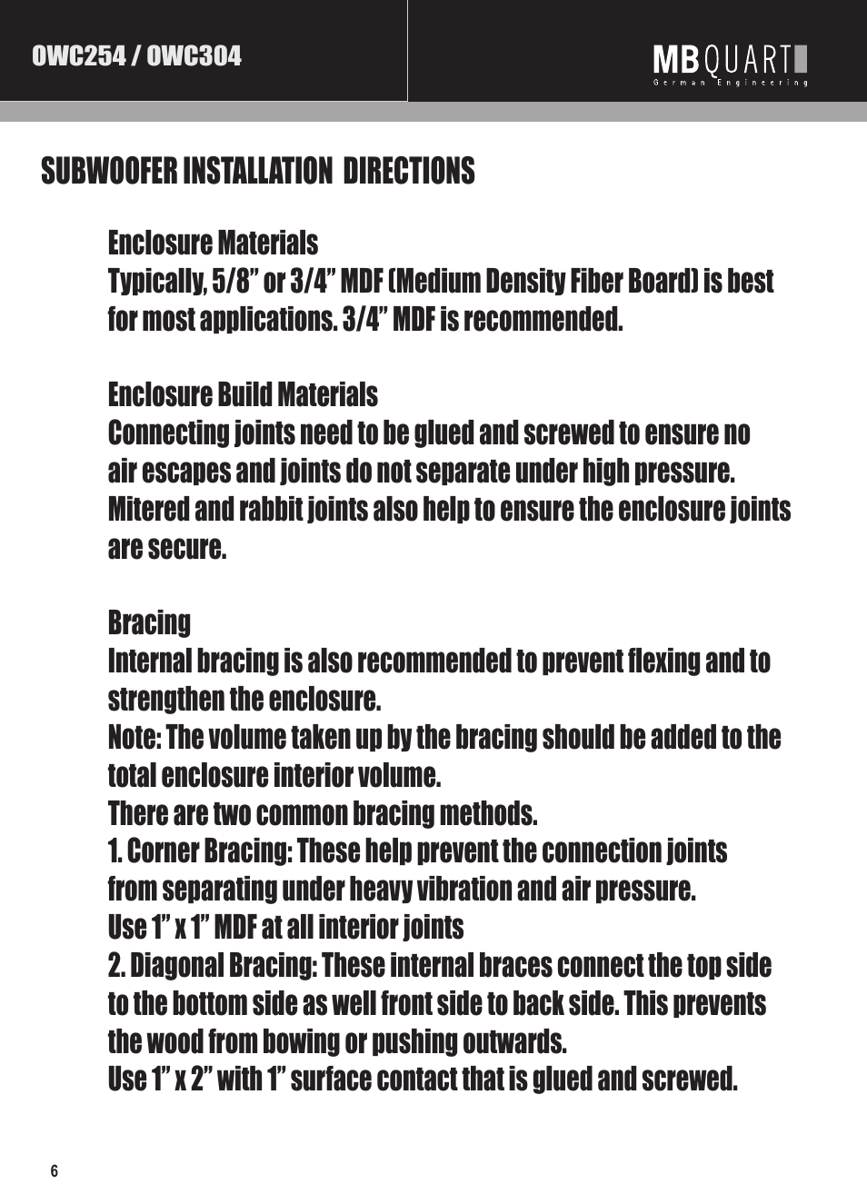 Mbq onyx owc subwoofer manual pg6, Subwoofer installation directions | MB QUART ONYX OWC304 User Manual | Page 7 / 9