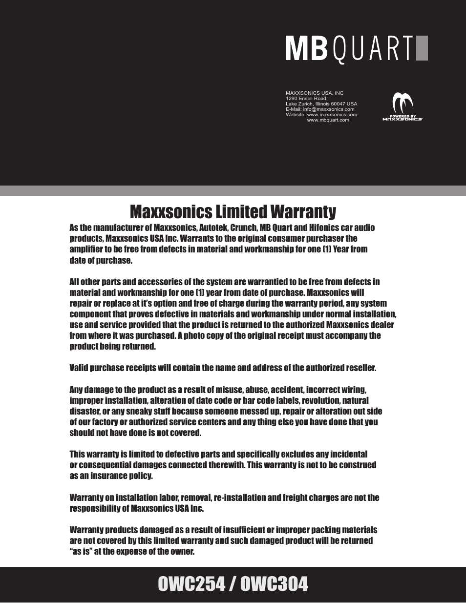 Mbq onyx owc subwoofer manual back cover, Maxxsonics limited warranty | MB QUART ONYX OWC304 User Manual | Page 9 / 9
