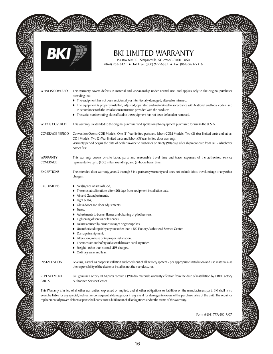 Bki limited warranty | BKI COB-E User Manual | Page 16 / 16