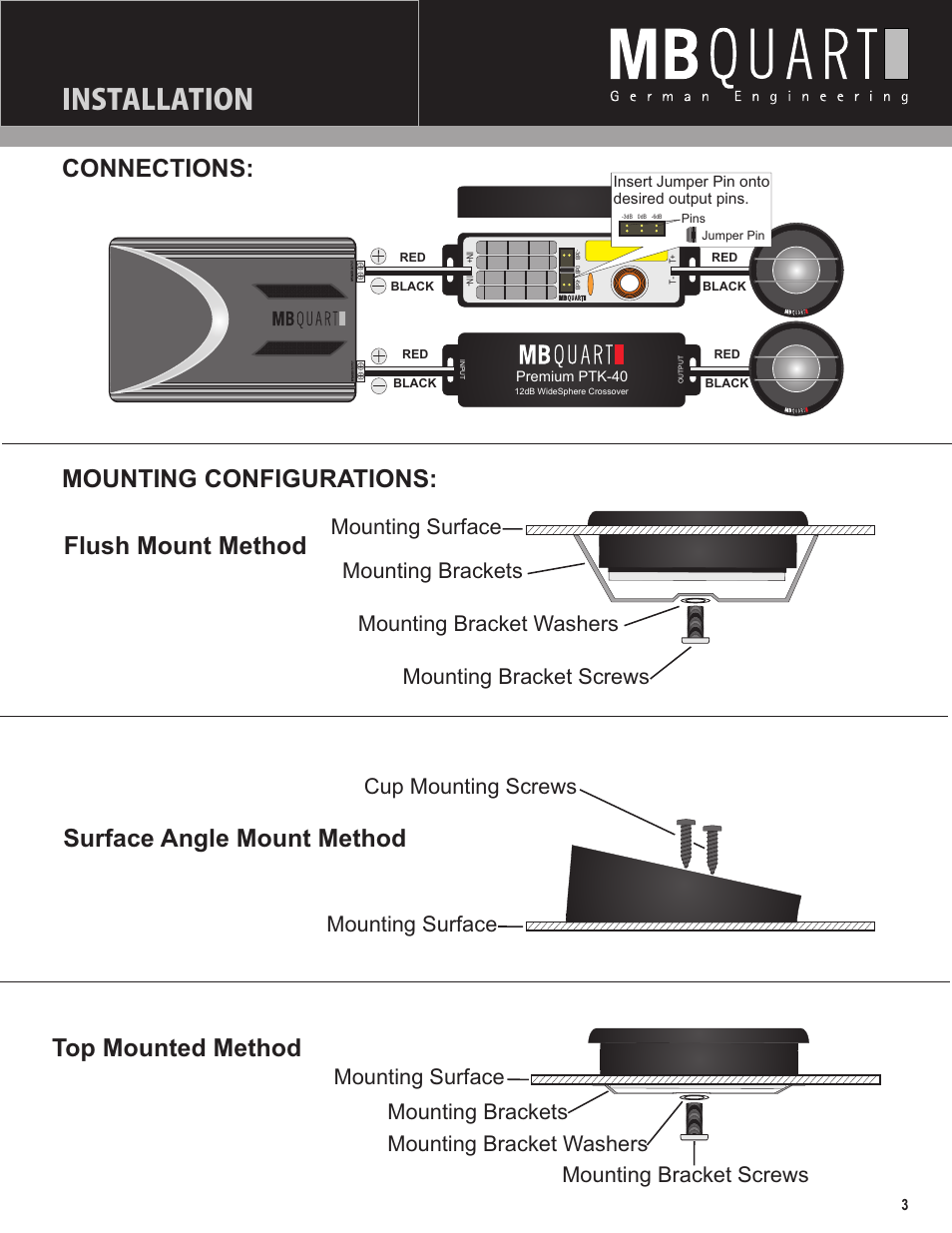 Installation, Surface angle mount method, Top mounted method | Mounting brackets, Mounting surface | MB QUART PTK-40 User Manual | Page 3 / 4