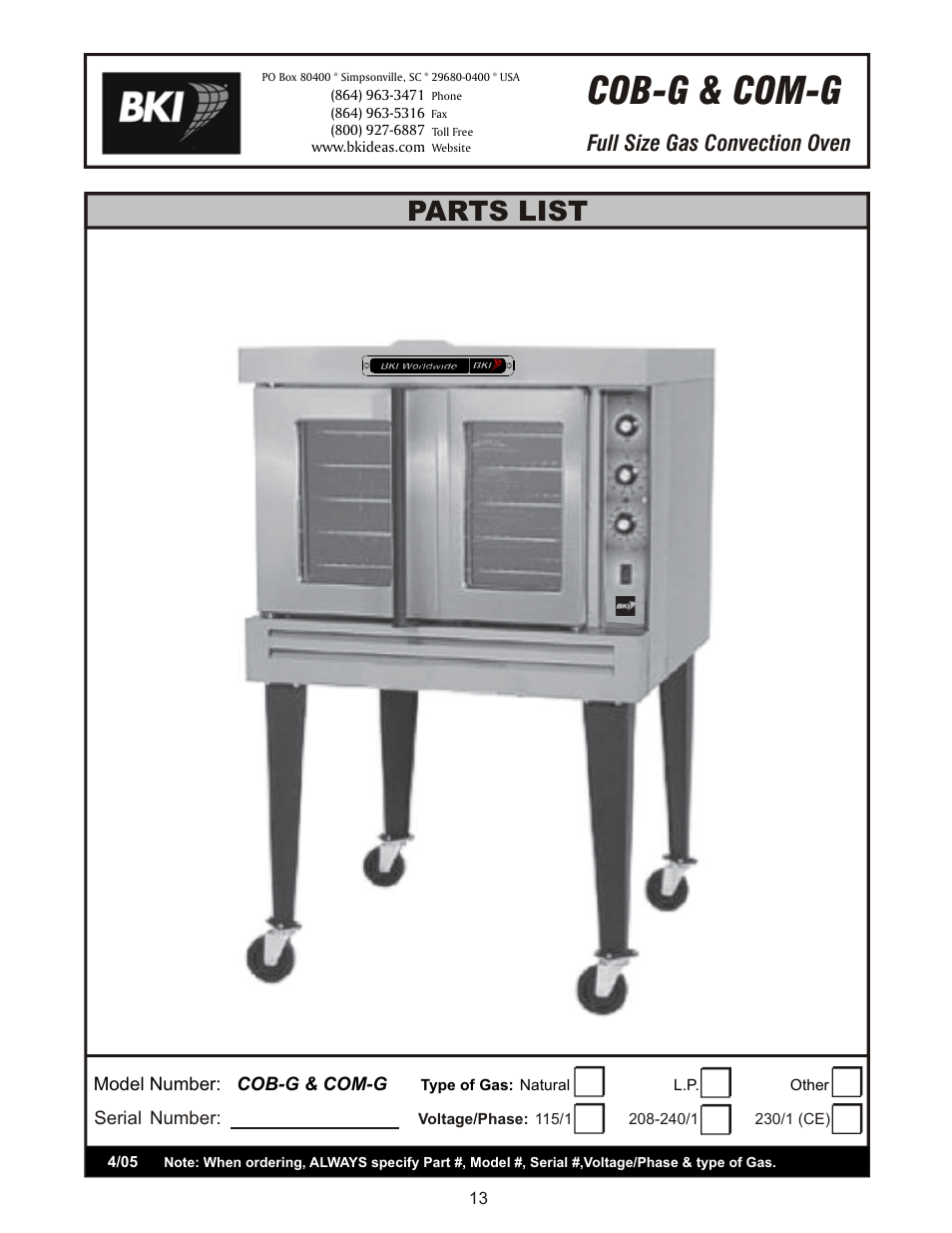 Cob-g & com-g, Parts list | BKI COB-G User Manual | Page 13 / 16