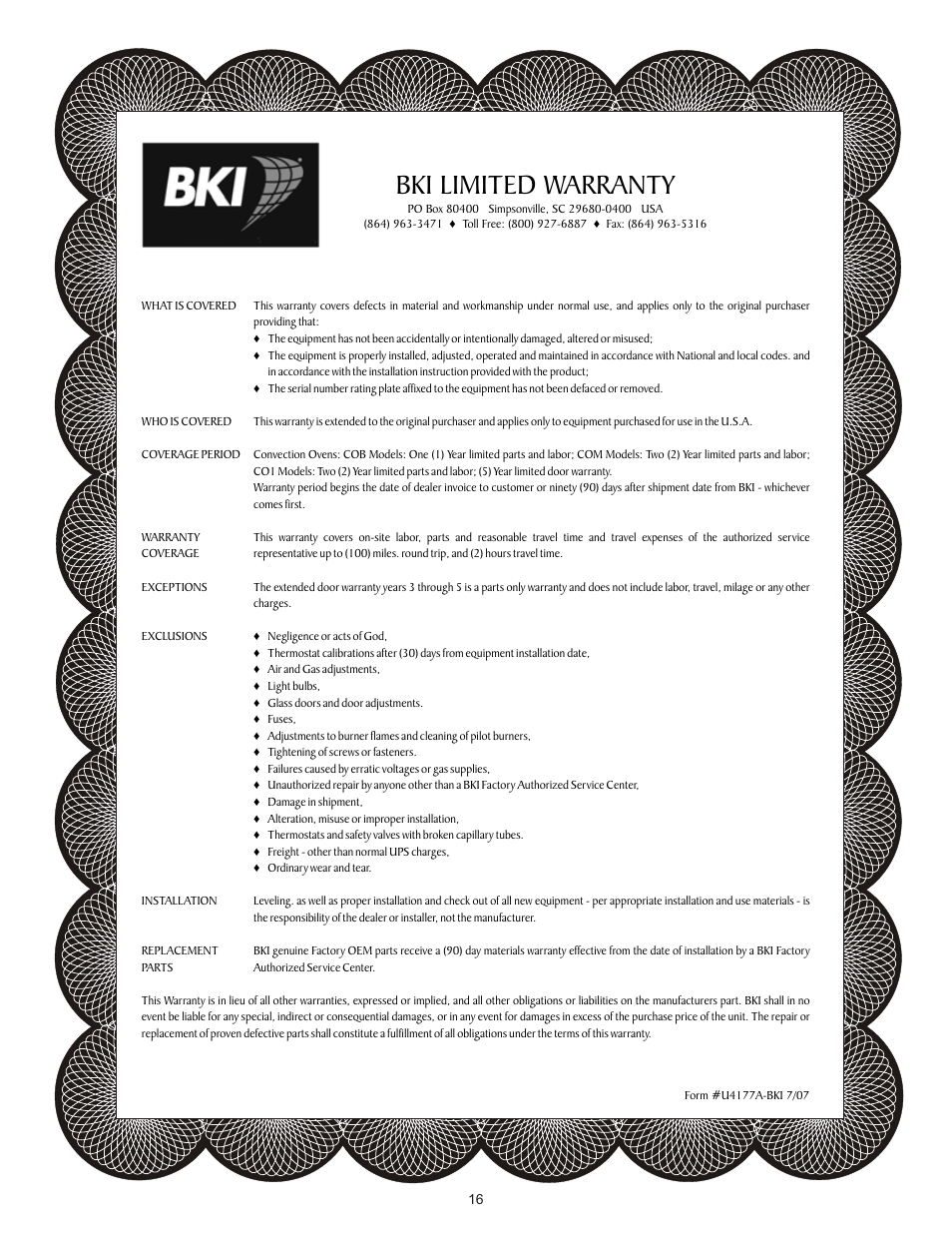 Bki limited warranty | BKI COB-G User Manual | Page 16 / 16