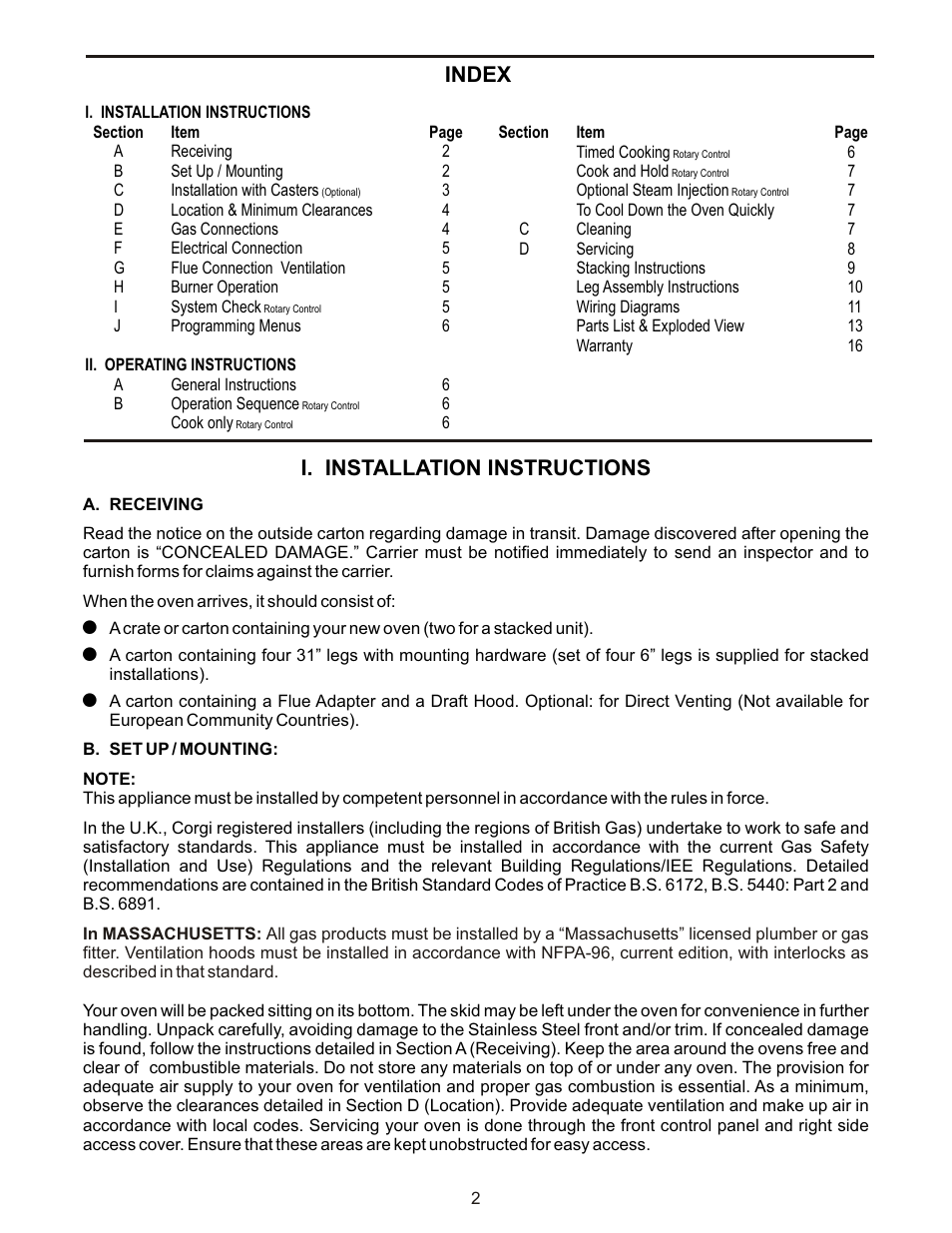 I. installation instructions, Index | BKI COB-G User Manual | Page 2 / 16