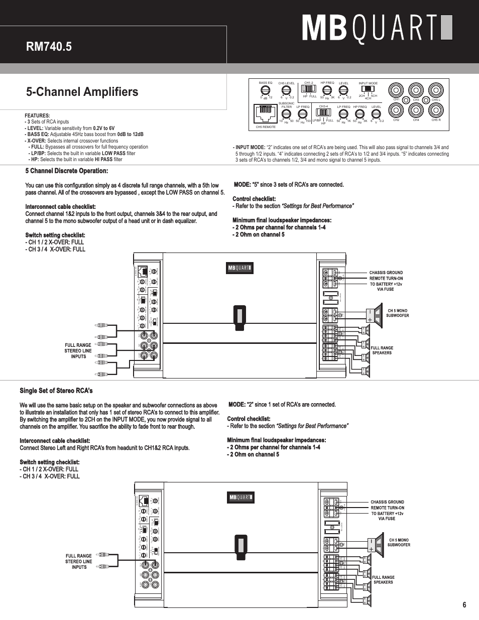 Channel amplifiers, Rm740.5, 5 channel discrete operation | Single set of stereo rca’s, Min 2 m in 2, Min 4 m in 2 m in 2, Min 4 | MB QUART Reference MYKRO Amplifiers User Manual | Page 7 / 12