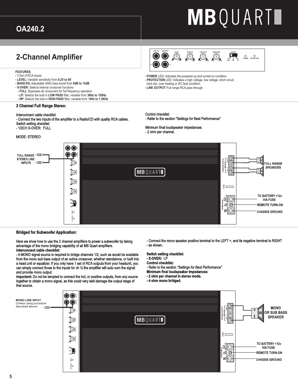 Channel amplifier oa240.2, 2 channel full range stereo, Bridged for subwoofer application | MB QUART Onyx Amplifiers User Manual | Page 6 / 12