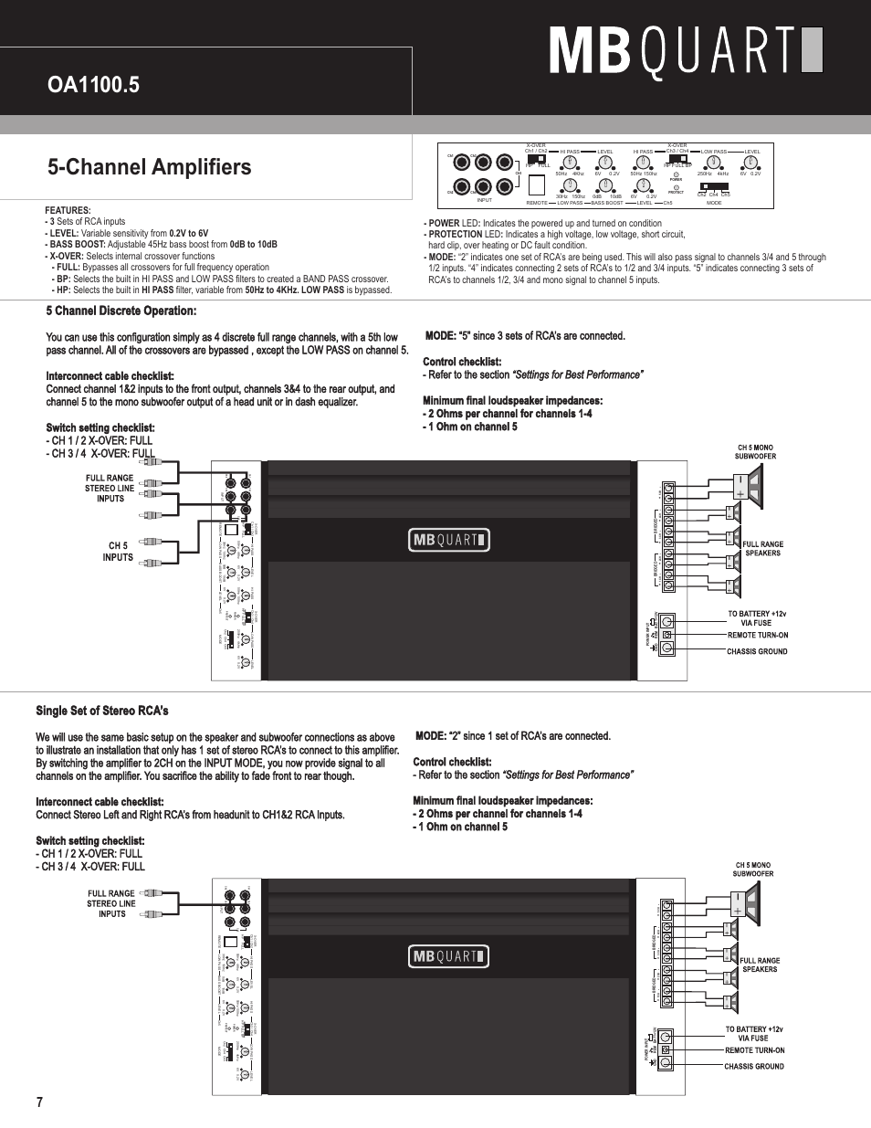 Channel amplifiers, 5 channel discrete operation, Single set of stereo rca’s | MB QUART Onyx Amplifiers User Manual | Page 8 / 12