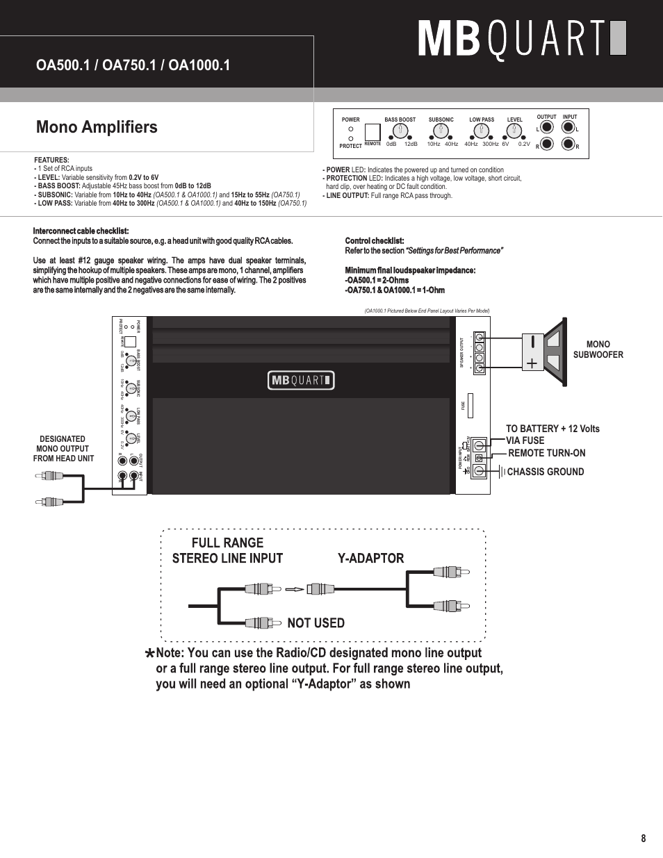 Mono amplifiers, Mono subwoofer, Designated mono output from head unit | MB QUART Onyx Amplifiers User Manual | Page 9 / 12