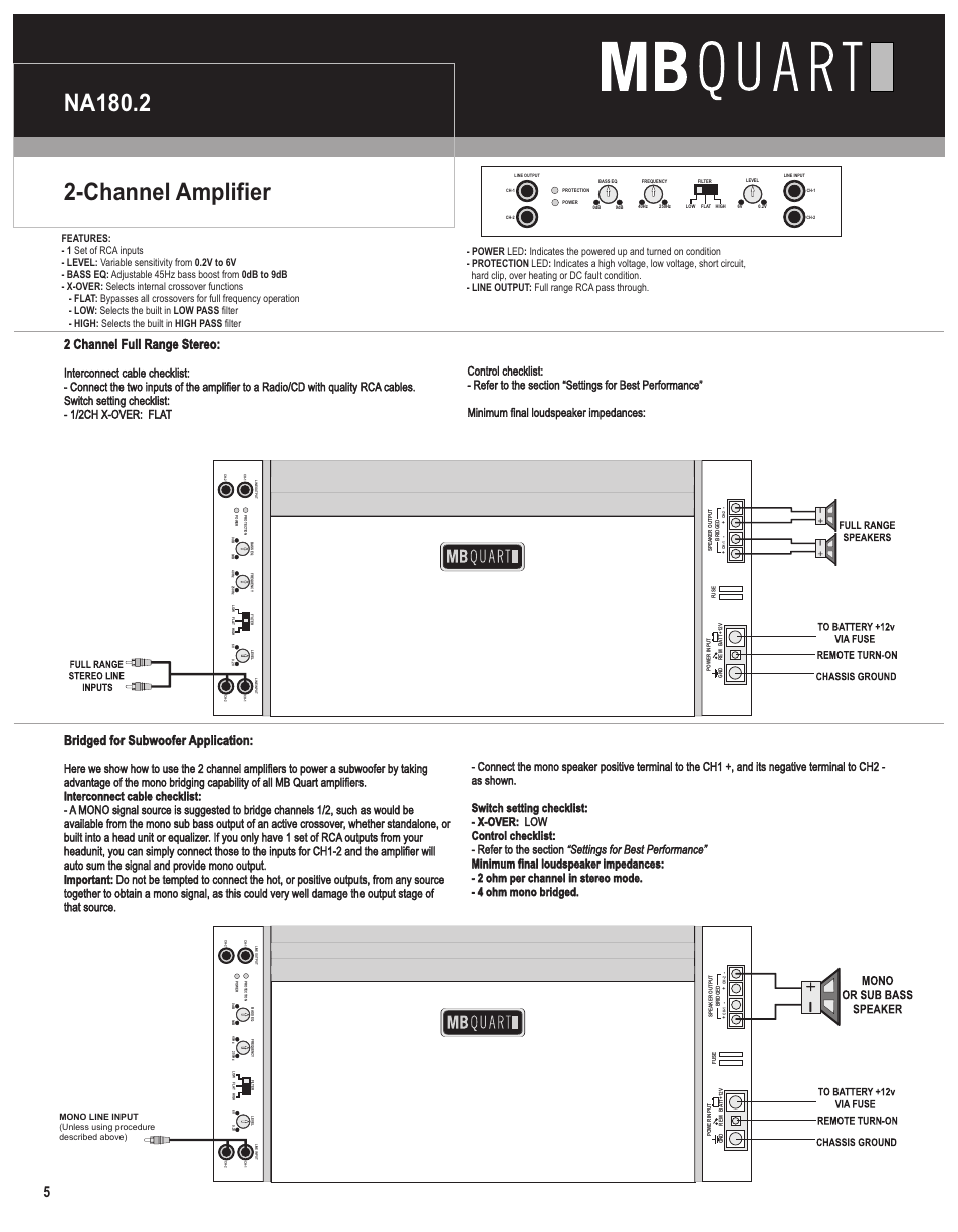 Channel amplifier na180.2, 2 channel full range stereo, Bridged for subwoofer application | MB QUART Nautic User Manual | Page 6 / 12