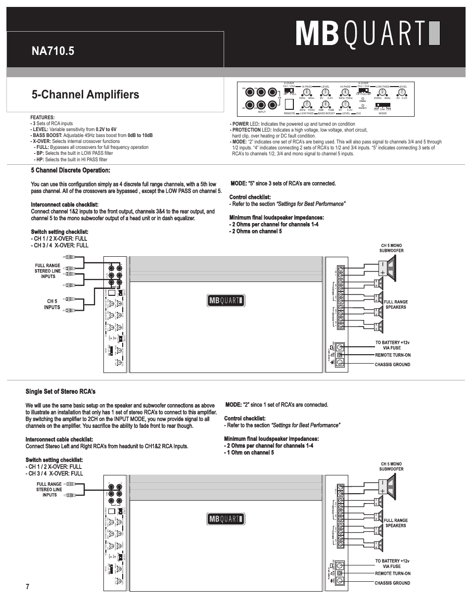 Na710.5, Channel amplifiers, 5 channel discrete operation | Single set of stereo rca’s | MB QUART Nautic User Manual | Page 8 / 12