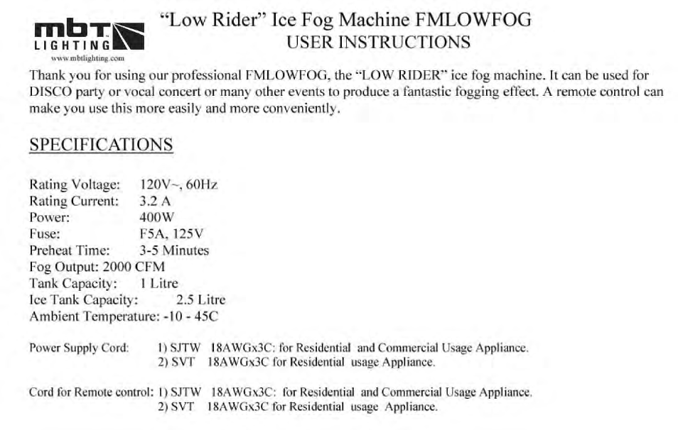MBT Lighting FMLOWFOG User Manual | 4 pages