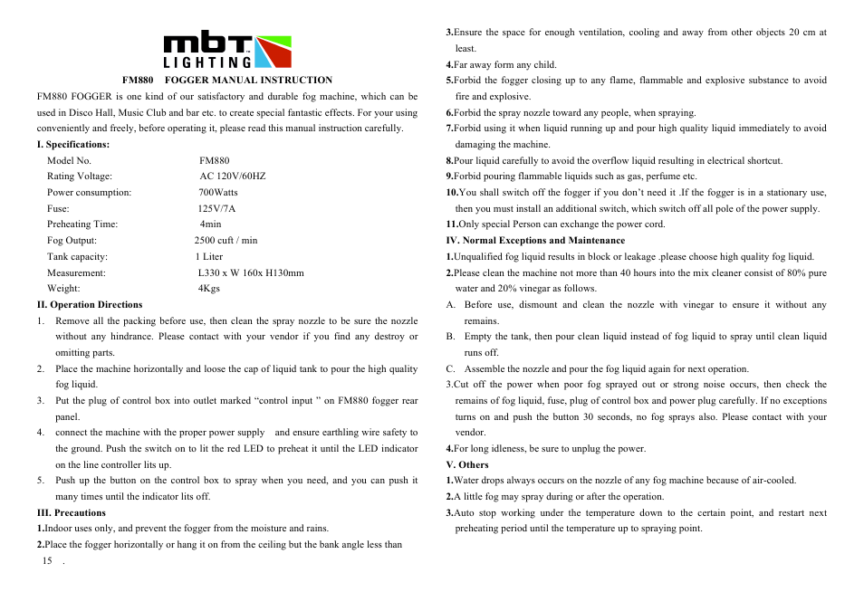 MBT Lighting FM880 User Manual | 1 page