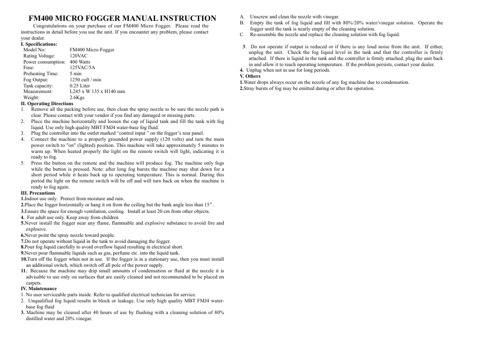 MBT Lighting FM400 User Manual | 1 page