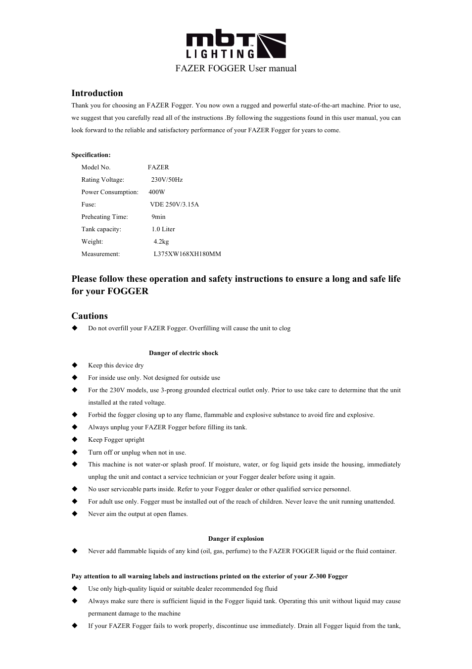MBT Lighting FAZER User Manual | 3 pages