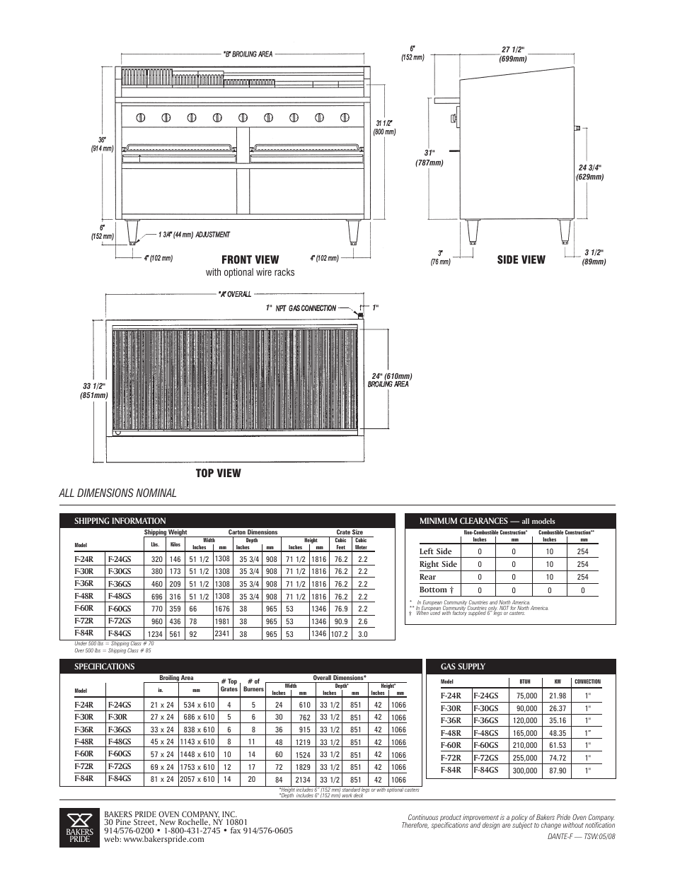 Top view front view, Side view, All dimensions nominal | With optional wire racks | Bakers Pride Gas Char Broiler F-60R User Manual | Page 2 / 2